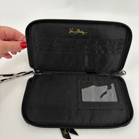 Vera Bradley Zip Around Wallet Wristlet Quilted Black Yellow Brid Floral 8 Inch - Picture 5 of 8